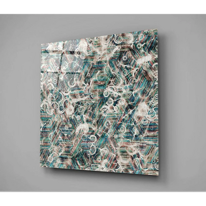 Swirling teal abstract glass wall art with pink and white motifs