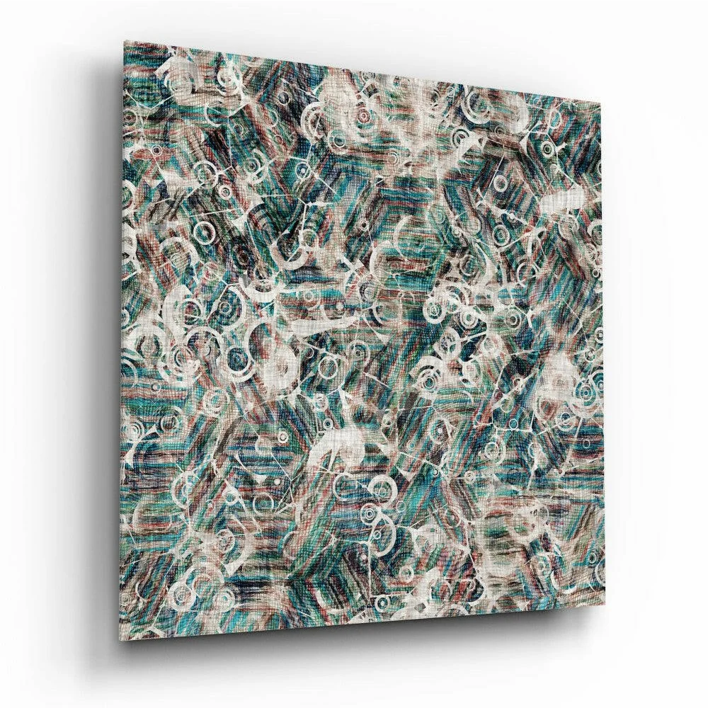 Swirling teal abstract glass wall art canvas with white patterns