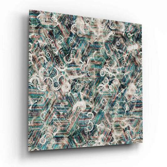 Swirling teal abstract glass wall art canvas with white patterns