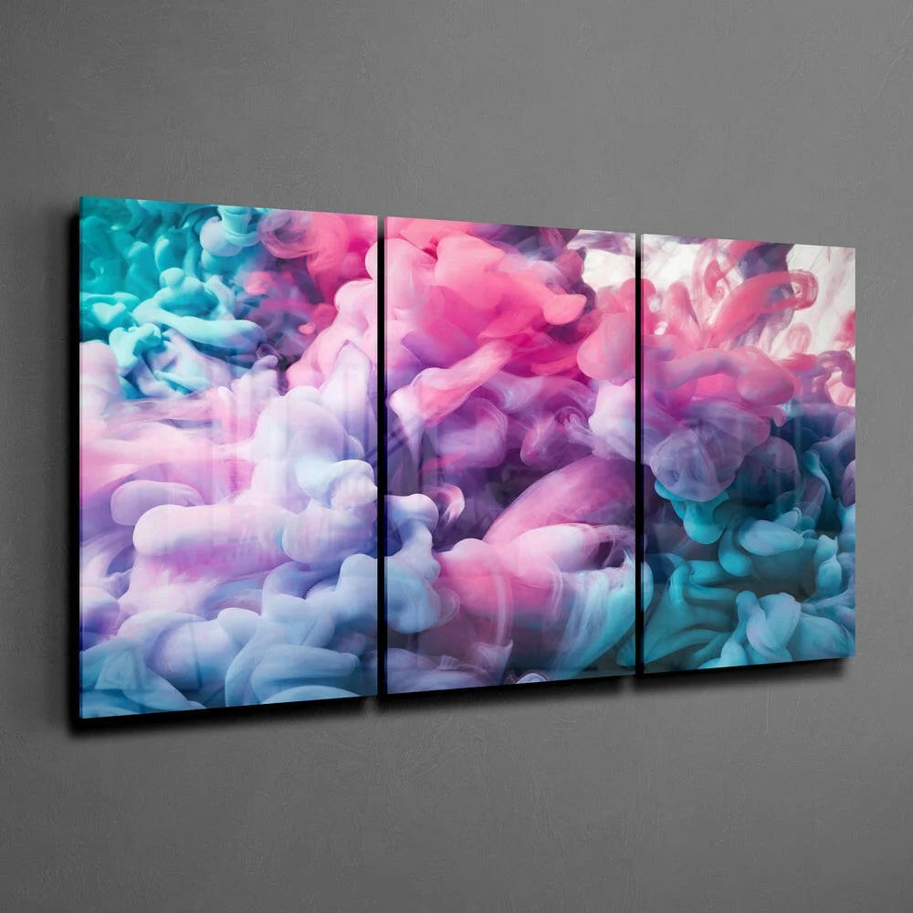 Swirling teal pink purple abstract ink clouds triptych canvas wall art print