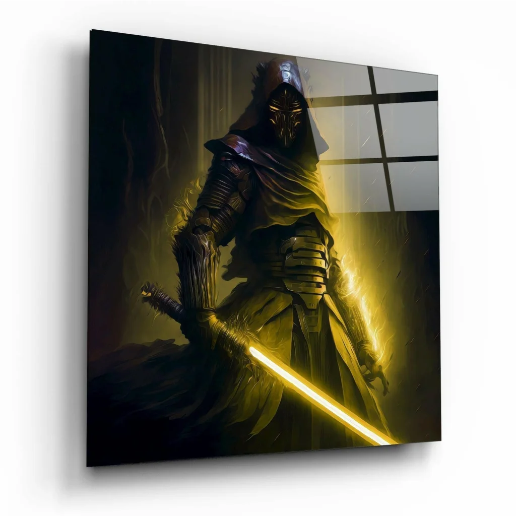 Dark armored figure with glowing yellow lightsaber on glass wall art canvas