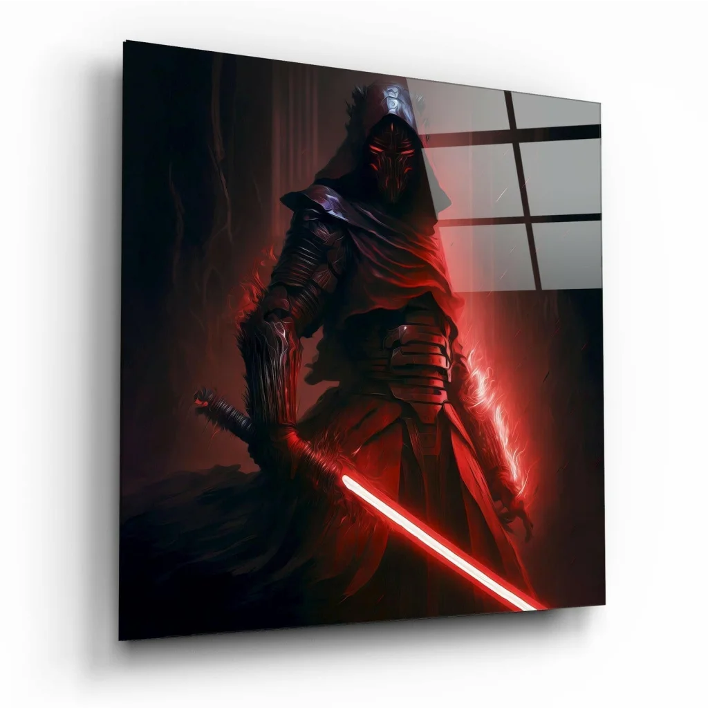 Sith Lord with red lightsaber and glowing eyes on glass wall art