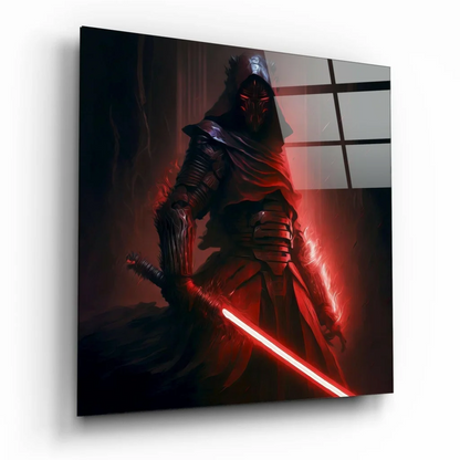 Sith Lord with red lightsaber and glowing eyes on glass wall art