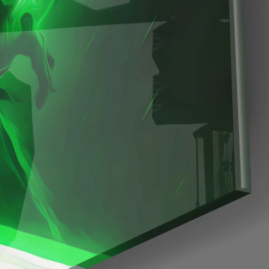 Sleek glowing green Sith Lord glass wall art display with vibrant silhouettes