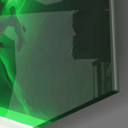 Sleek glowing green Sith Lord glass wall art display with vibrant silhouettes