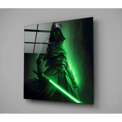 Glowing green Sith Lord glass wall art on reflective panel