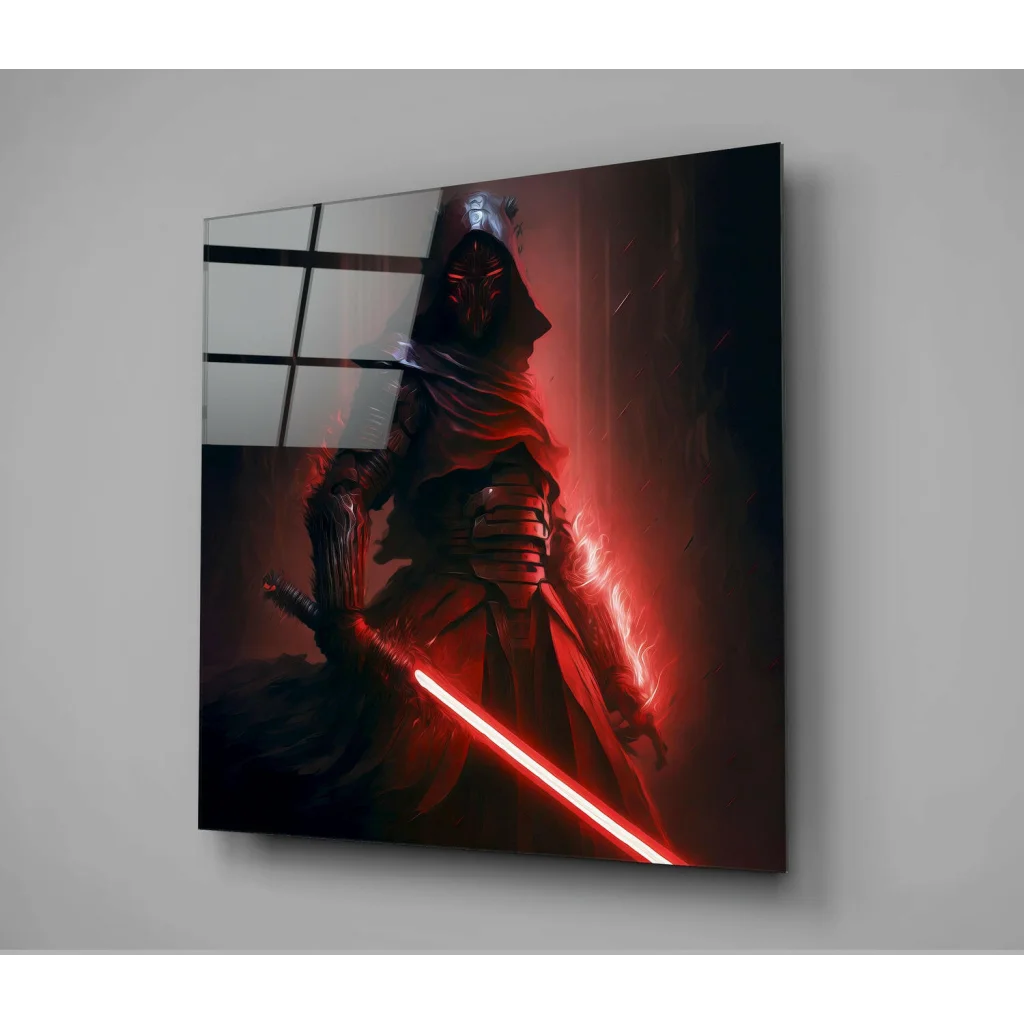 Menacing Sith Lord with red lightsaber in Star Wars glass wall art