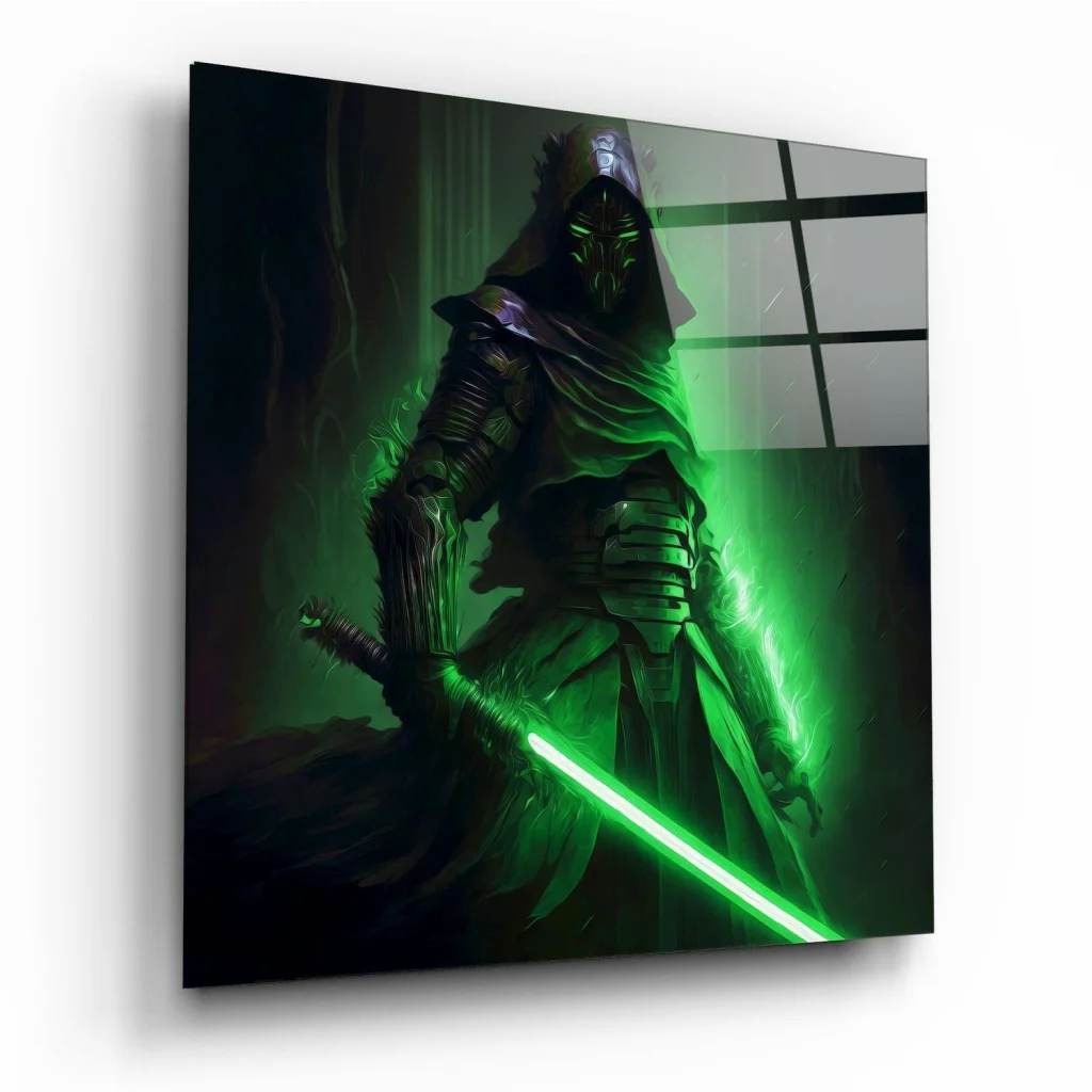 Glowing green lightsaber Sith Lord on glass wall art