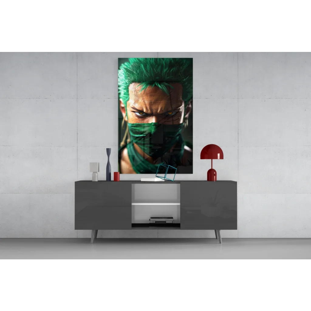 Vibrant green-haired anime character glass wall art on gray console