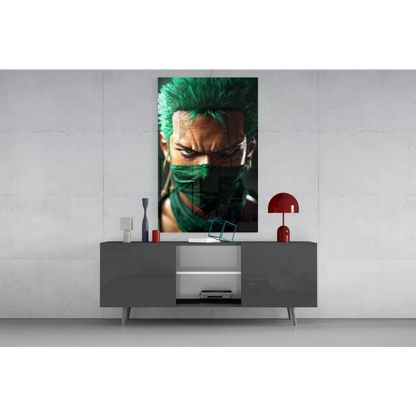 Vibrant green-haired anime character glass wall art on gray console