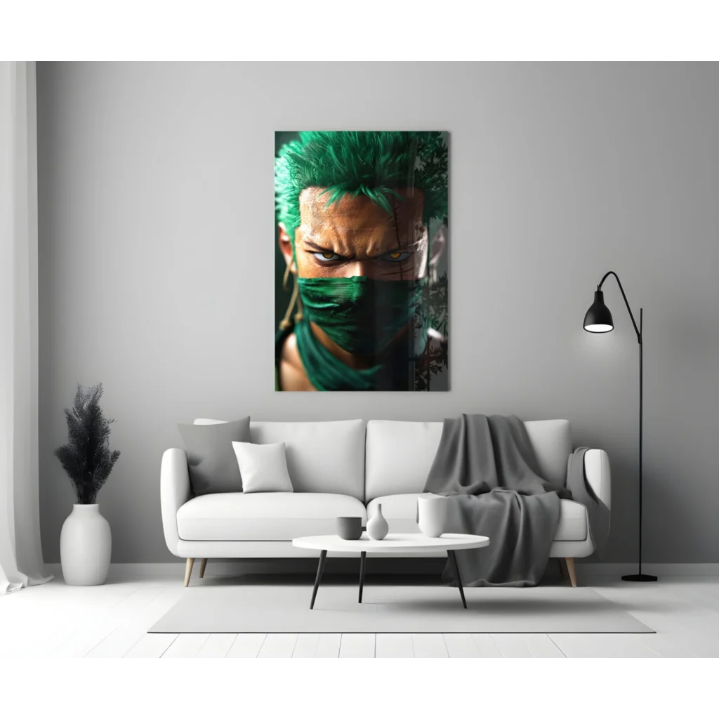 Vibrant green-haired anime character on glass wall art