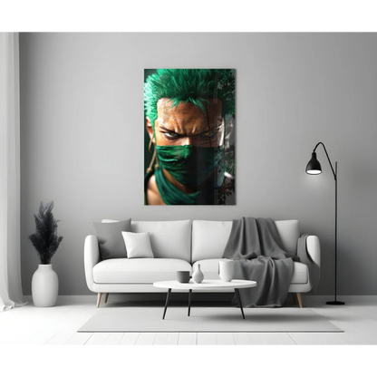 Vibrant green-haired anime character on glass wall art