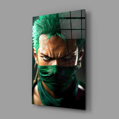 Vibrant green-haired anime character on sleek glass wall art panel