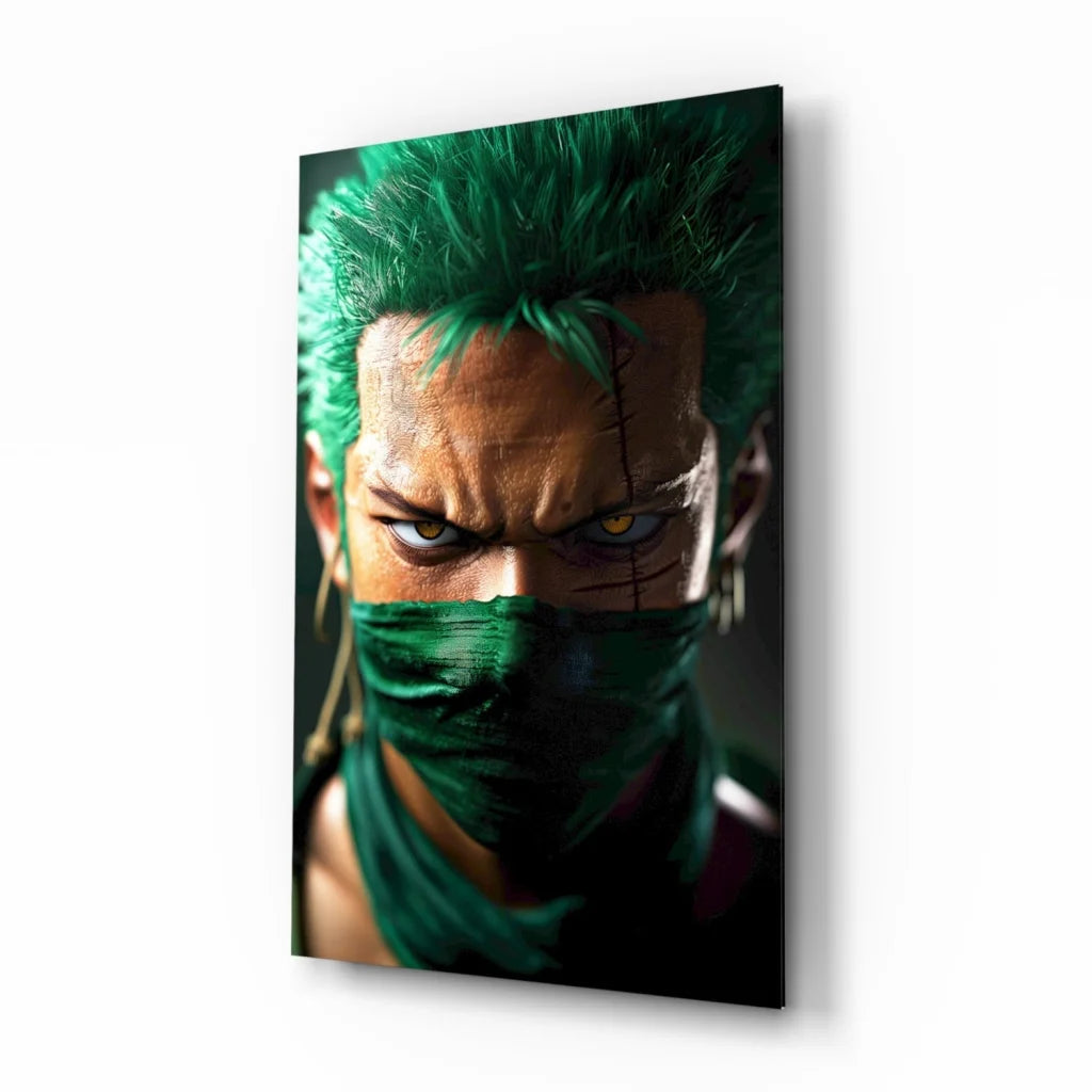 Vibrant green spiky-haired anime portrait on sleek black-framed glass wall art