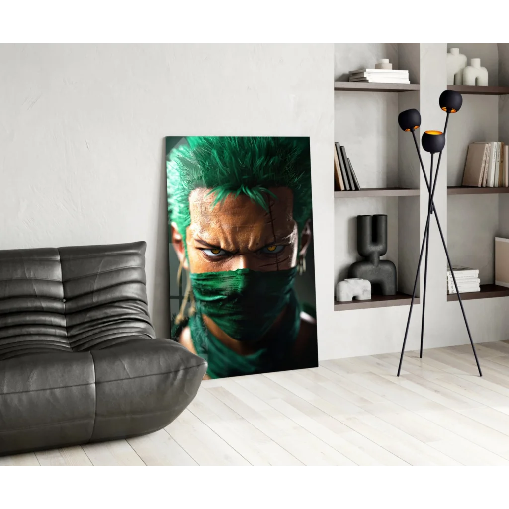 Vibrant green-haired anime glass wall art with masked figure in modern room