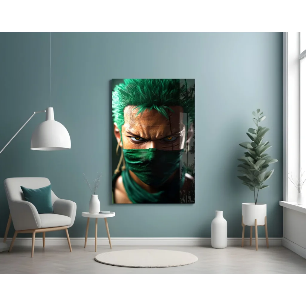 Vibrant green-haired anime glass wall art with intense eyes and dark mask on blue wall