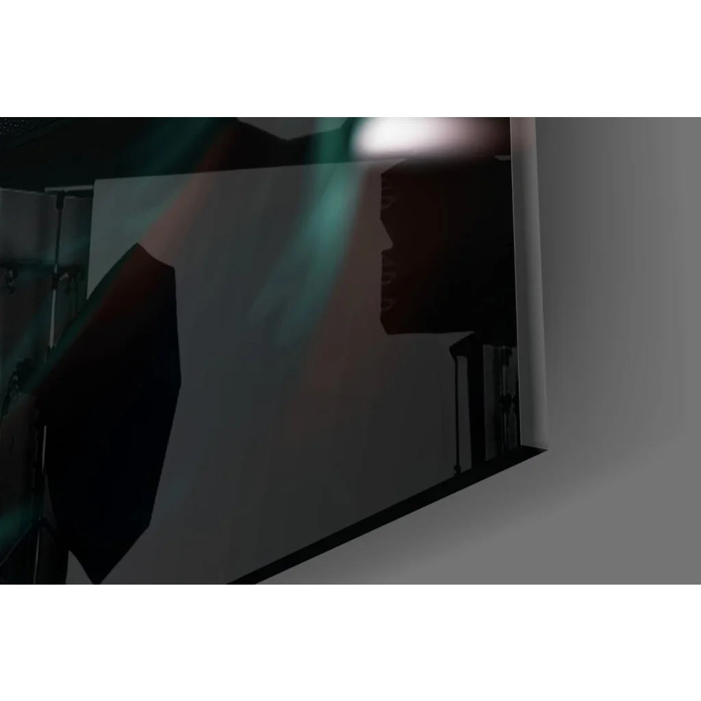 Vibrant anime glass wall art with green haired character and dark reflector