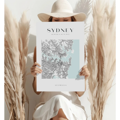 Sydney map aluminum print with watercolor blue tree design