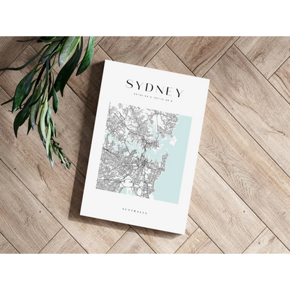 Sydney map aluminum print with watercolor blue design