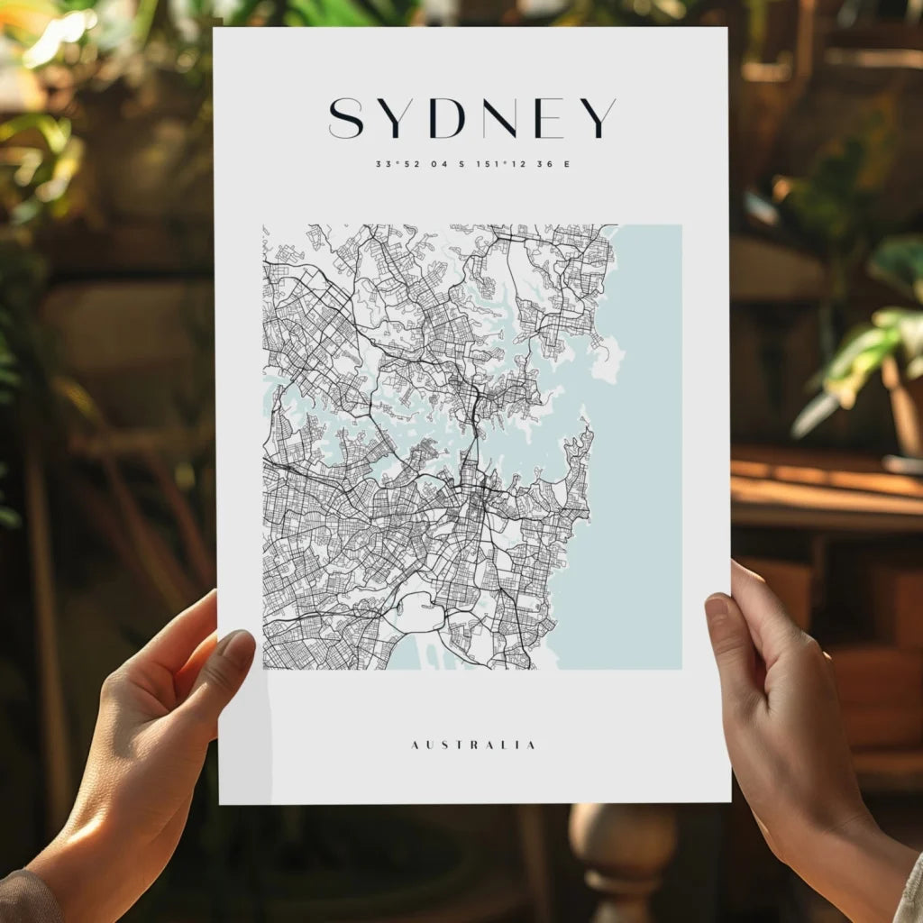 Sydney Australia watercolor blue map aluminum print