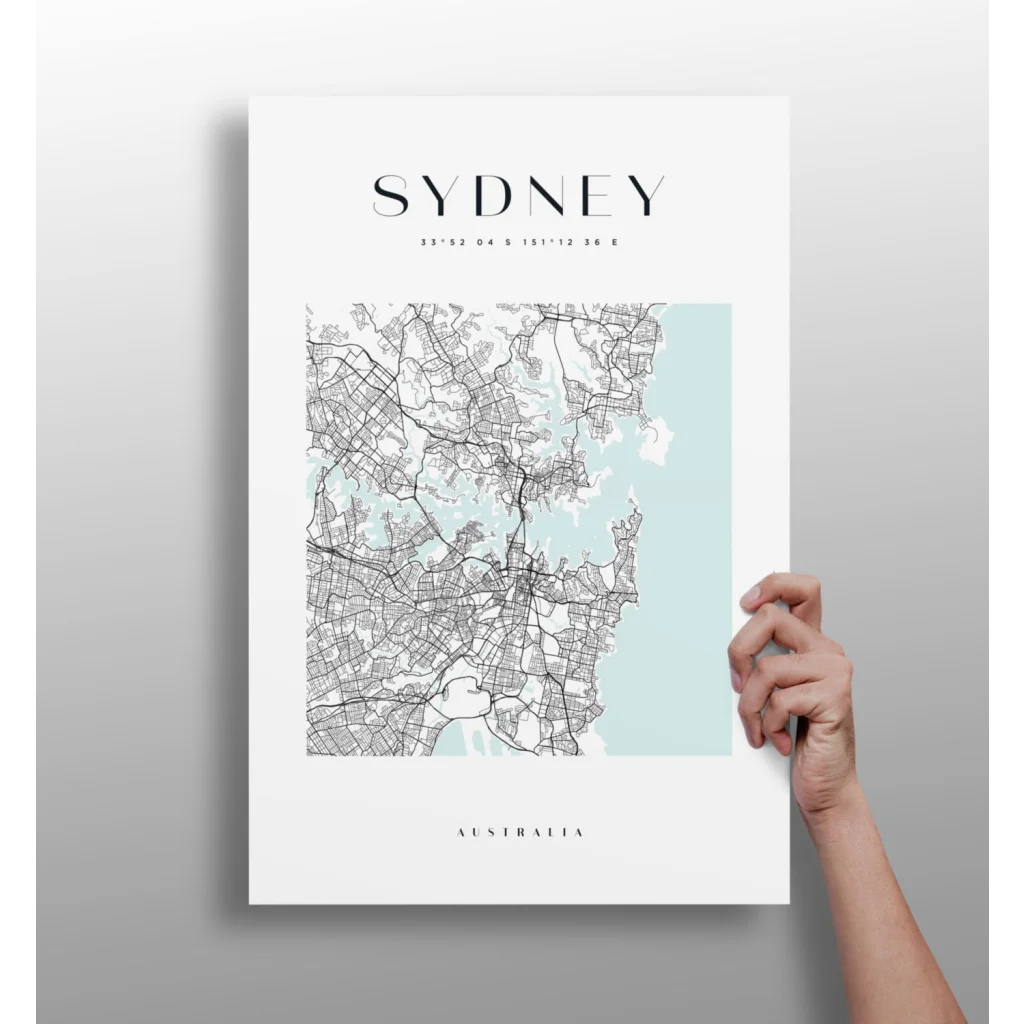 Minimalist white and light blue watercolor Sydney map on aluminum print