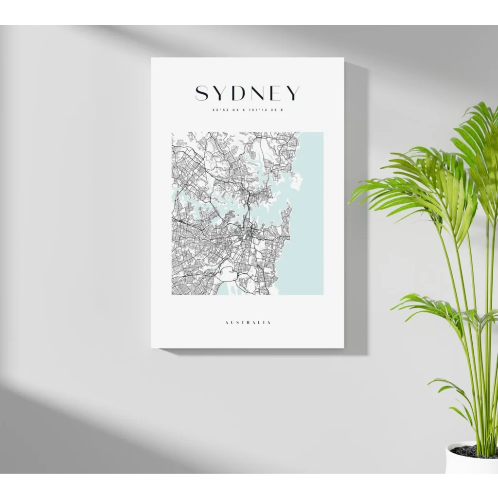 Sydney map poster on aluminum print with watercolor blue design