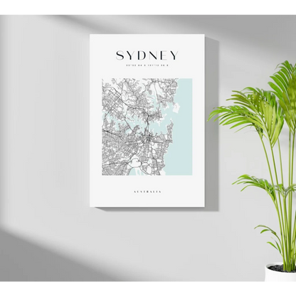 Sydney map poster on aluminum print with watercolor blue design