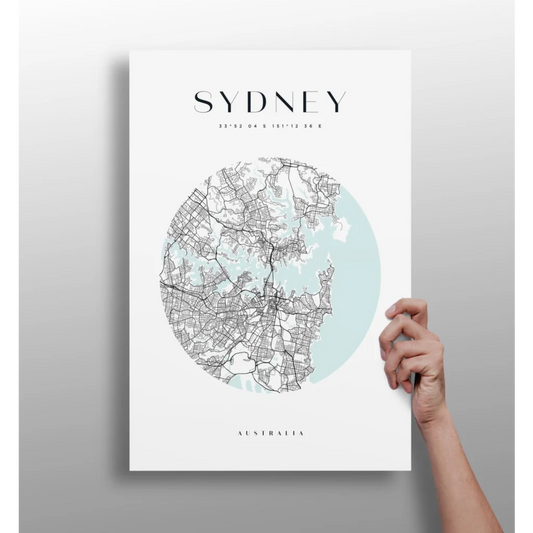 Sydney map poster on aluminum with teal accents, light blue circle and black lines