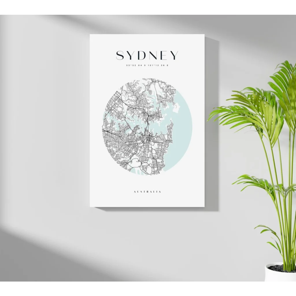Sydney map poster on aluminum with teal accents
