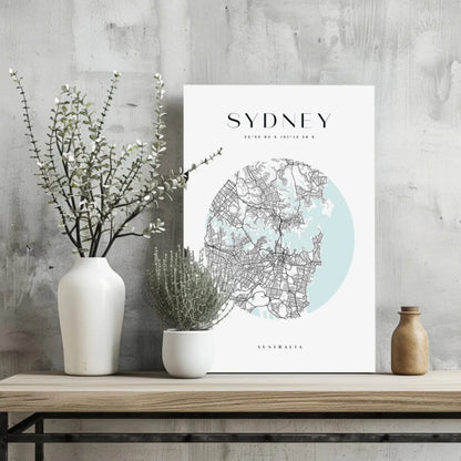 Sydney map poster with teal accents on aluminum