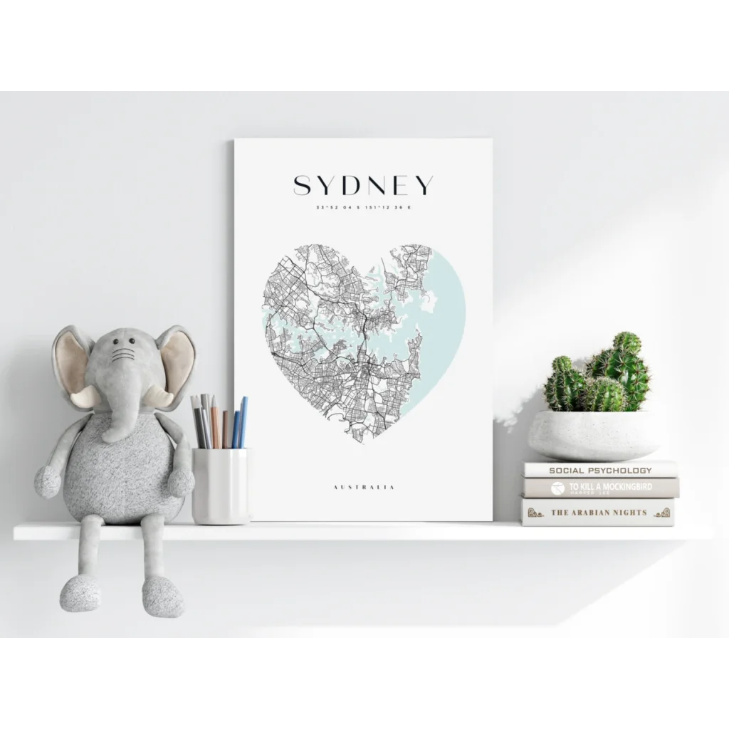 White framed Sydney heart map aluminum print in mint and gray