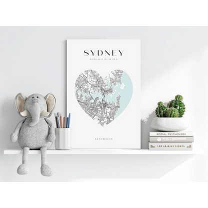 White framed Sydney heart map aluminum print in mint and gray