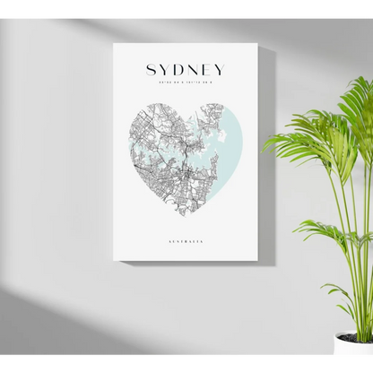 Minimalist Sydney heart map insigne aluminum print in mint and gray