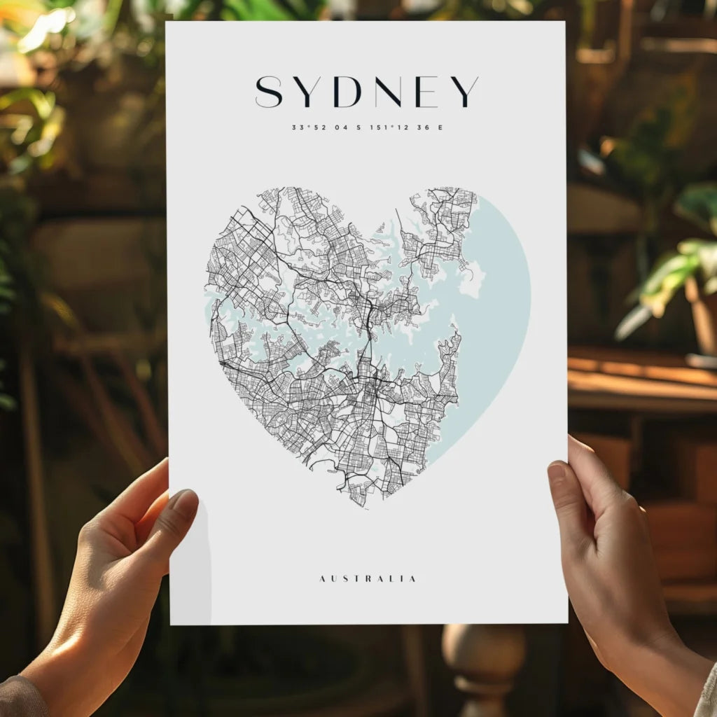 Minimalist Sydney heart map insigne aluminum print in mint and gray