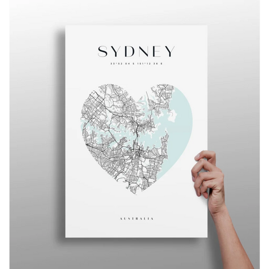 Sydney heart map insigne aluminum print in mint and gray