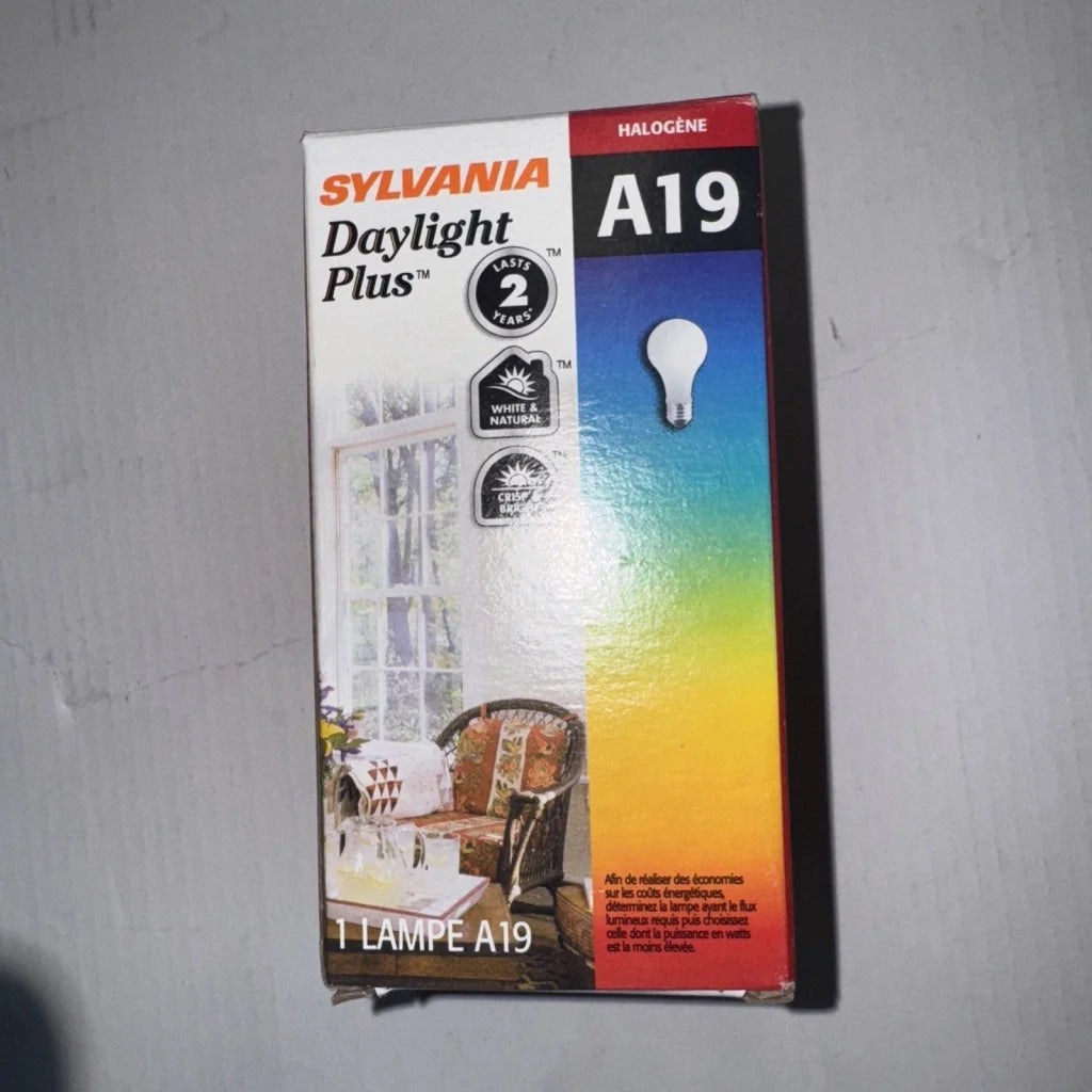 Sylvania 42A/HAL/F daylight plus A19 halogen light bulb package