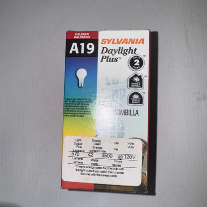 Sylvania 42A/HAL/F daylight plus A19 halogen light bulb in packaging