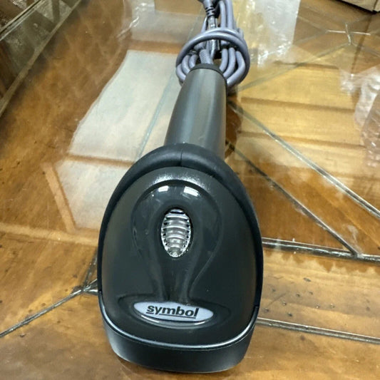 Symbol Motorola LS2208 black barcode scanner with coiled gray cable
