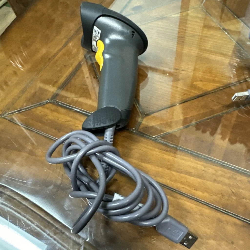 Symbol Motorola LS2208 black yellow barcode scanner with coiled USB cable