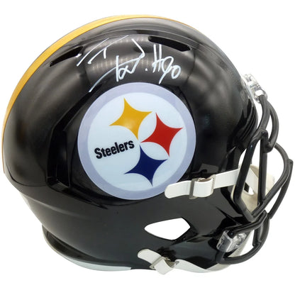 Black pittsburgh steelers replica helmet with glossy finish featuring iconic logo and t.j. watt autograph on side