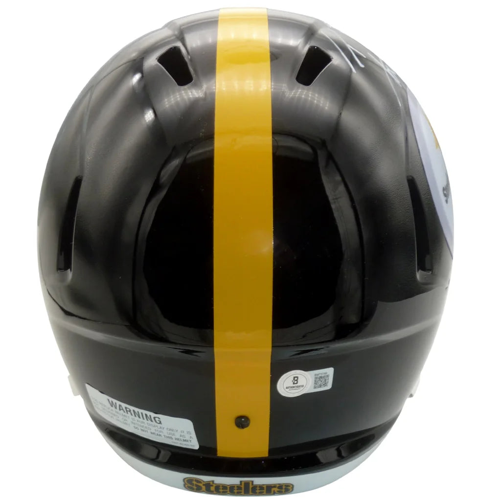 Black and gold pittsburgh steelers replica helmet with glossy finish autographed by t.j. watt deluxe full size replica helmet