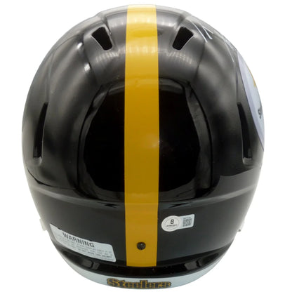 Black and gold pittsburgh steelers replica helmet with glossy finish autographed by t.j. watt deluxe full size replica helmet