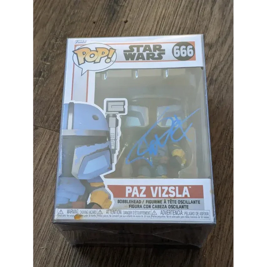 Funko Pop Paz Vizsla bobblehead with blue signature Tait Fletcher autographed Paz Vizsla