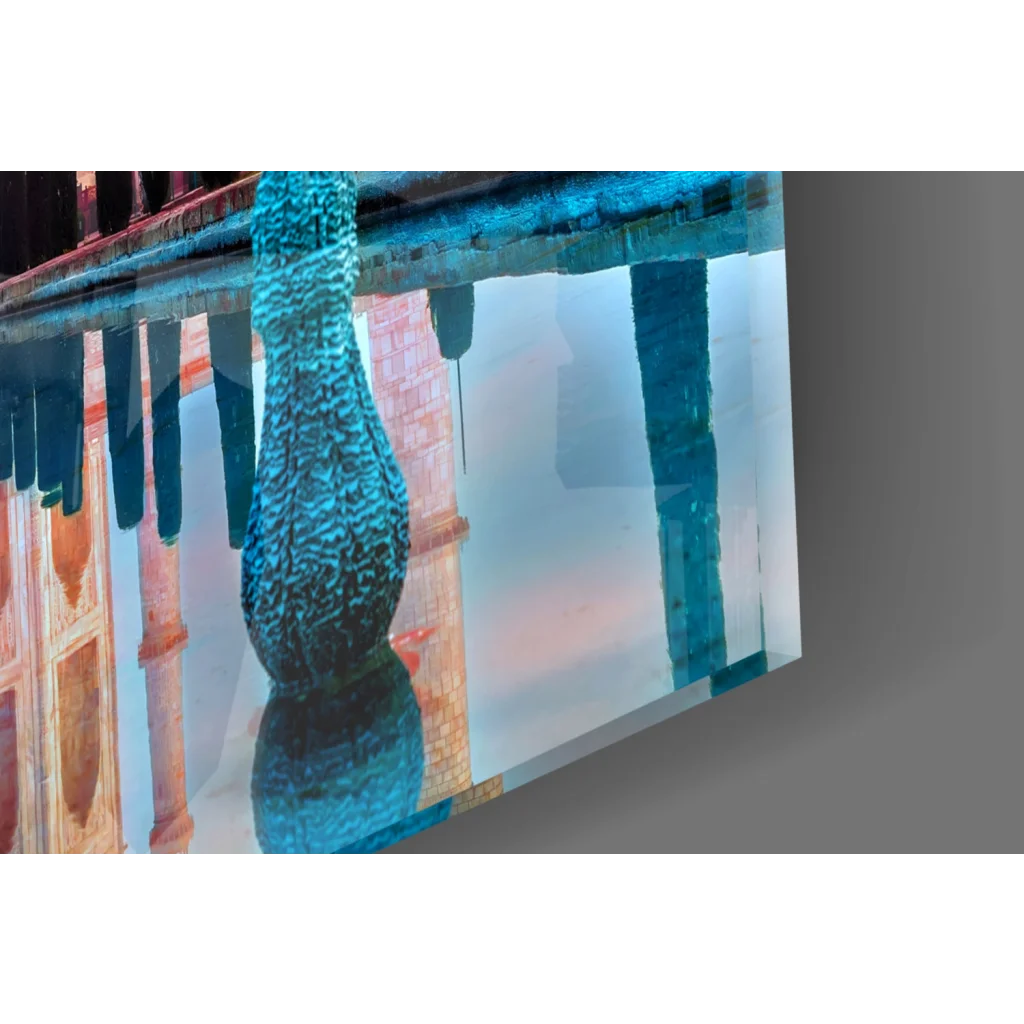 Teal-blue textured pillar in Taj Mahal sunset glass wall art print