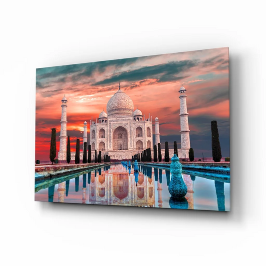 Stunning Taj Mahal sunset glass wall art with vibrant skies and pool reflection