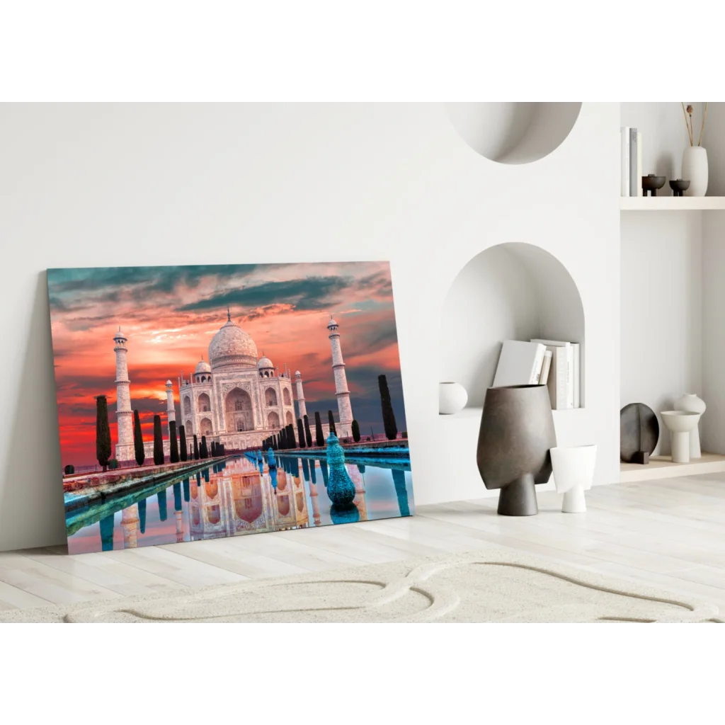Stunning Taj Mahal sunset glass wall art print with reflection