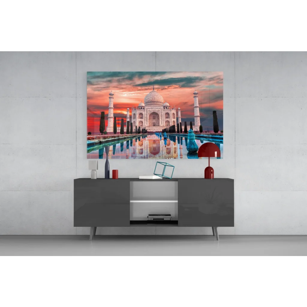 Stunning Taj Mahal sunset glass wall art print with vibrant reflection