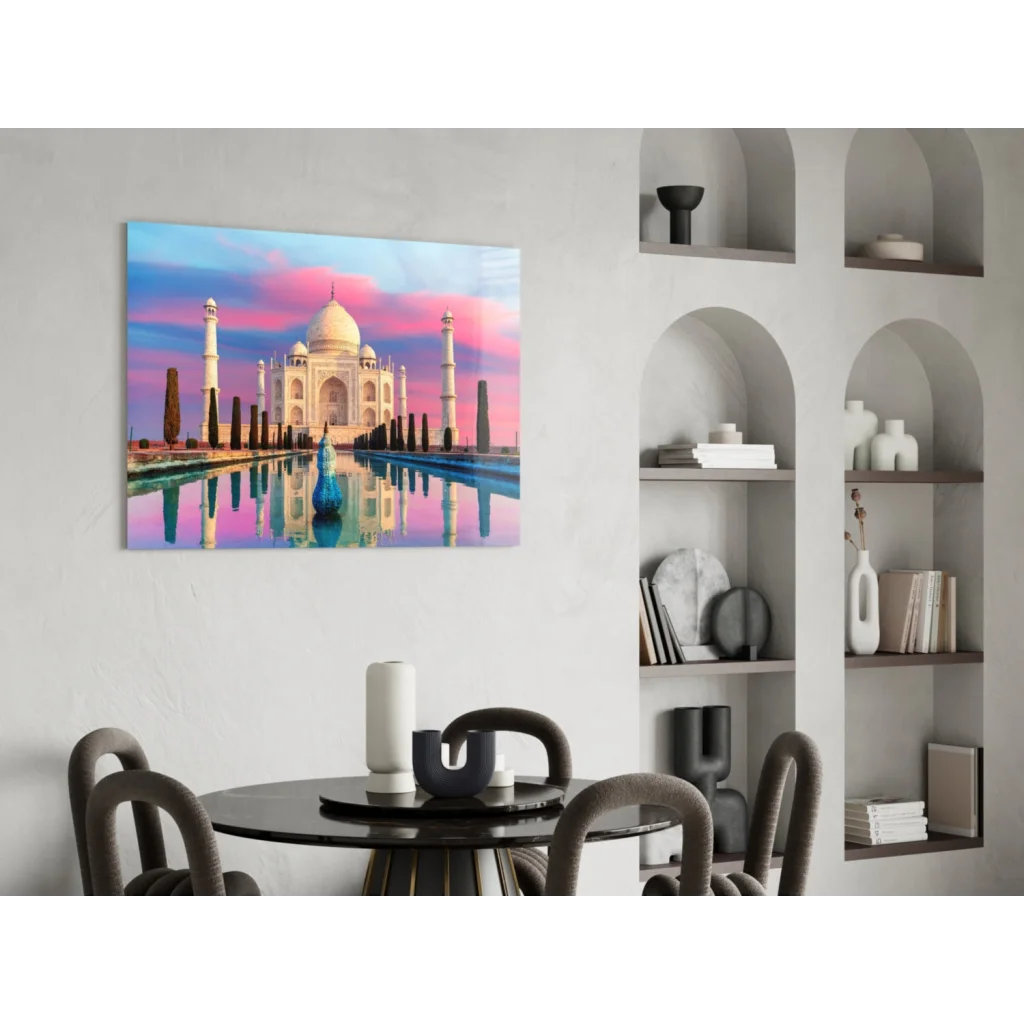 Taj Mahal sunset reflection on vibrant glass wall art canvas print