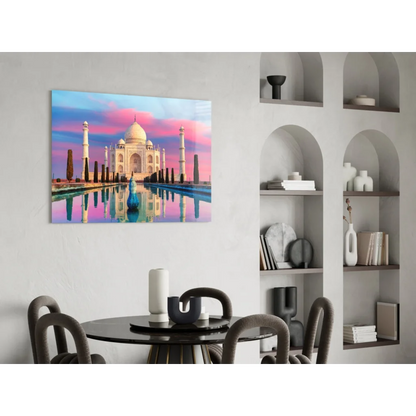 Taj Mahal sunset reflection on vibrant glass wall art canvas print
