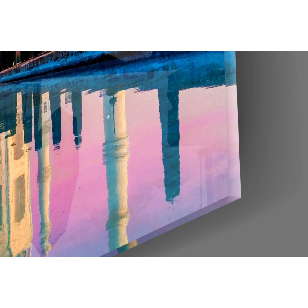 Vibrant Taj Mahal sunset glass wall art with pink teal pillar reflections